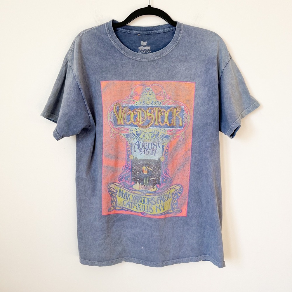 Woodstock 1969 Concert Poster Tee Purple Womens Large Acid Wash
